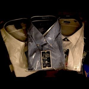 Three New Mens Dress Shirts, 6XL, 2 White, 1 Blue Oxford. In original packaging.